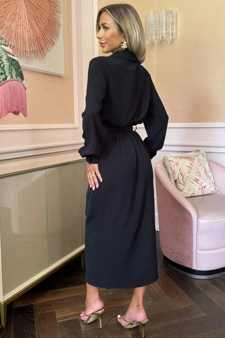 Black Belted Wrap Midi Shirt Dress