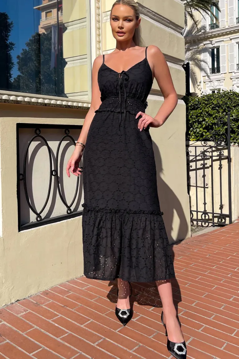 Black Broderie Frill Hem Midi Dress