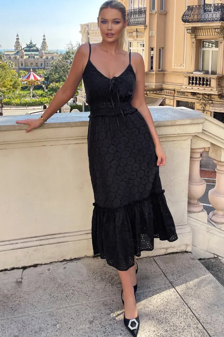 Black Broderie Frill Hem Midi Dress