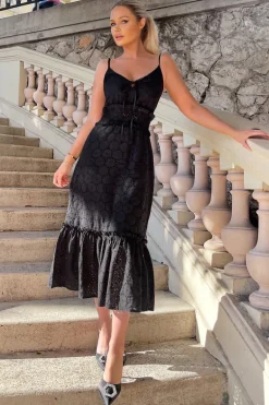 Black Broderie Frill Hem Midi Dress