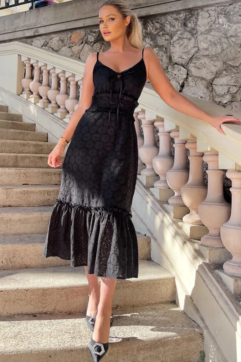 Black Broderie Frill Hem Midi Dress