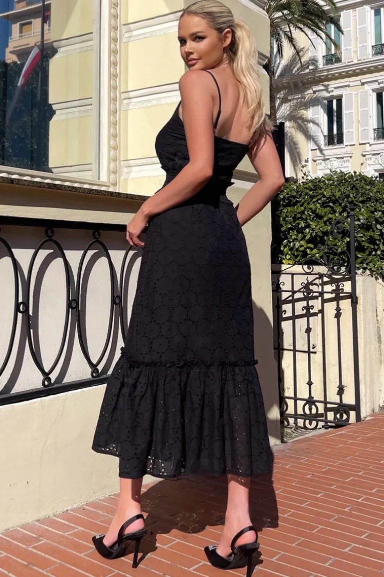 Black Broderie Frill Hem Midi Dress