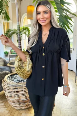 Black Button Up Ruched Detail Smock V-Neck Top