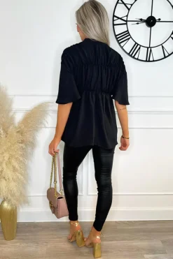 Black Button Up Ruched Detail Smock V-Neck Top