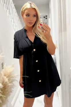 Black Button Up Ruched Detail Smock V-Neck Dress