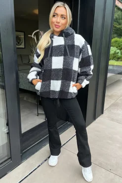 Black Check Drawstring Teddy Hoodie