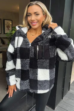 Black Check Pocket Detail Hooded Teddy Jacket