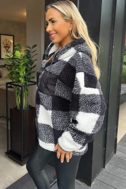 Black Check Pocket Detail Hooded Teddy Jacket