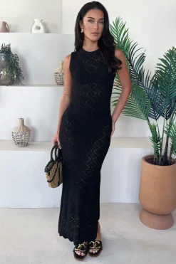 Black Crochet Knit Split Leg Midi Dress