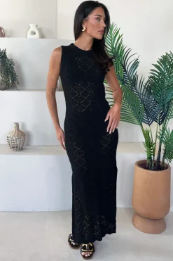 Black Crochet Knit Split Leg Midi Dress