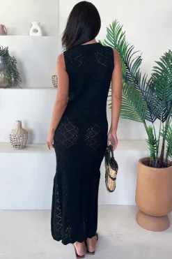 Black Crochet Knit Split Leg Midi Dress