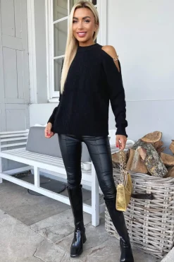 Black Cut Out Shoulder Chain Detail Knit Jumper