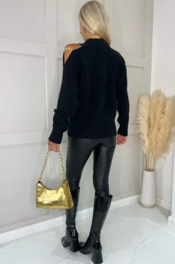 Black Cut Out Shoulder Chain Detail Knit Jumper