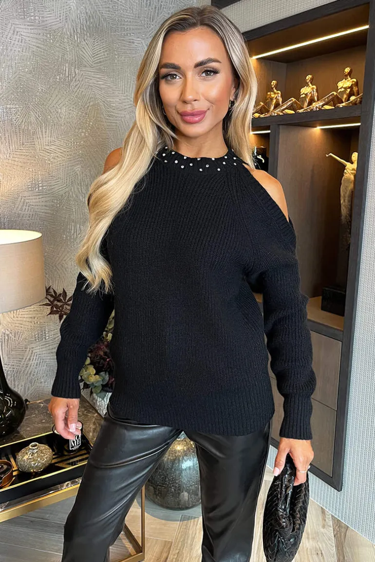 Black Diamante Neck Detail Cut Out Shoulder Knit Jumper