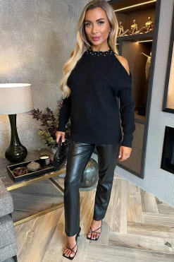Black Diamante Neck Detail Cut Out Shoulder Knit Jumper