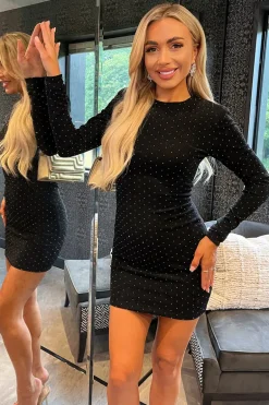 Black Diamante Sparkle Long Sleeve Mini Dress