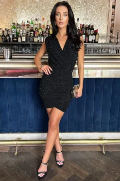 Black Diamante Sparkle Wrap Top Ruched Skirt Mini Dress