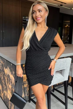 Black Diamante Sparkle Wrap Top Ruched Skirt Mini Dress