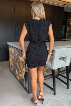 Black Diamante Sparkle Wrap Top Ruched Skirt Mini Dress