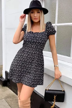 Black Ditsy Floral Puff Sleeve Day Dress