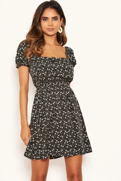 Black Ditsy Floral Puff Sleeve Day Dress