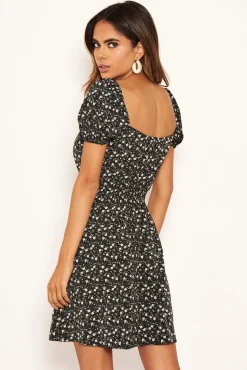 Black Ditsy Floral Puff Sleeve Day Dress