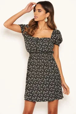 Black Ditsy Floral Puff Sleeve Day Dress