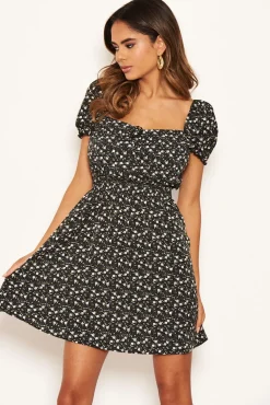 Black Ditsy Floral Puff Sleeve Day Dress