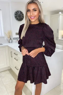 Black Dotty Puff Sleeve Pleated Skater Dress