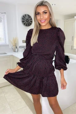 Black Dotty Puff Sleeve Pleated Skater Dress