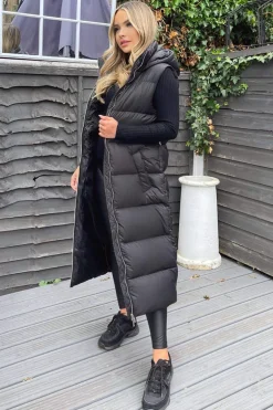 Black Drawstring Waist Puffer Gilet