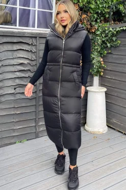 Black Drawstring Waist Puffer Gilet