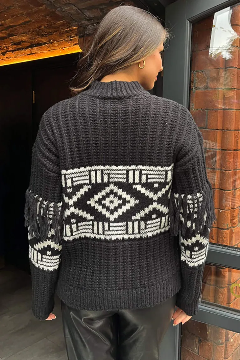 Black Fairisle Fringe Sleeve Detail Knitted Jumper