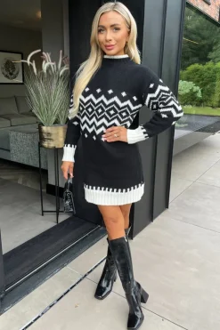 Black Fairisle Mock Neck Knitted Dress