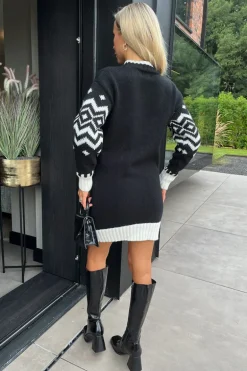 Black Fairisle Mock Neck Knitted Dress