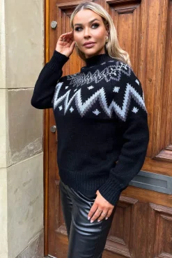 Black Fairisle Mock Neck Knitted Jumper