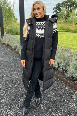 Black Faux Fur Hooded Longline Padded Gilet