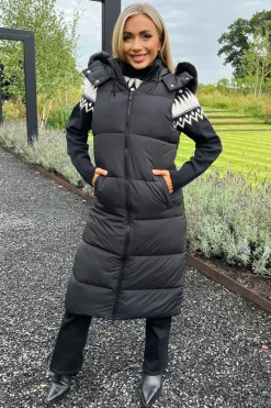 Black Faux Fur Hooded Longline Padded Gilet