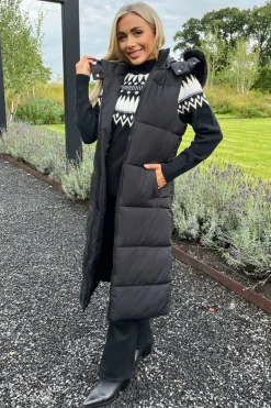 Black Faux Fur Hooded Longline Padded Gilet