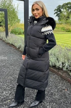Black Faux Fur Hooded Longline Padded Gilet