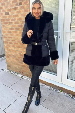 Black Faux Fur Trim Belted Jacket