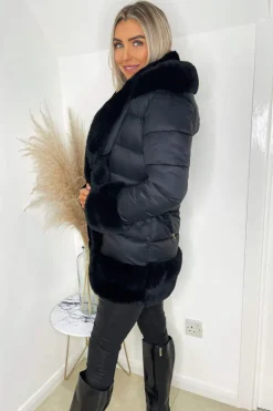 Black Faux Fur Trim Belted Jacket