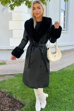 Black Faux Fur Trim Leather Look Long Coat