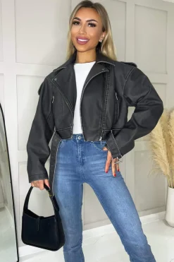 Black Faux Leather Cropped Jacket