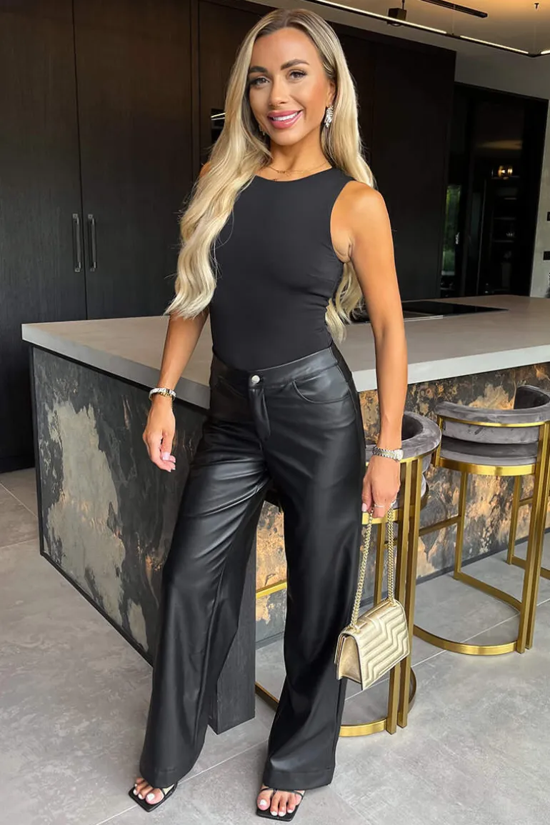 Black Faux Leather Wide Leg Trousers