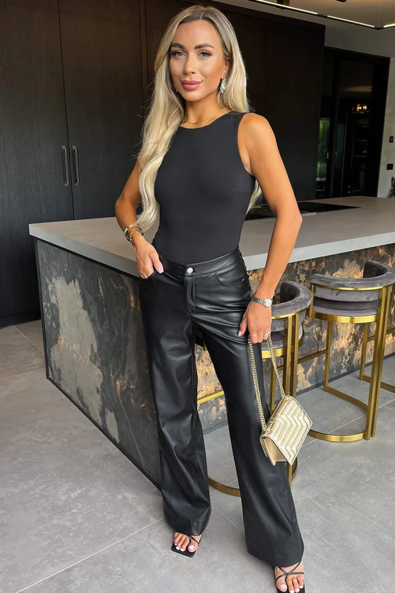 Black Faux Leather Wide Leg Trousers