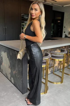 Black Faux Leather Wide Leg Trousers