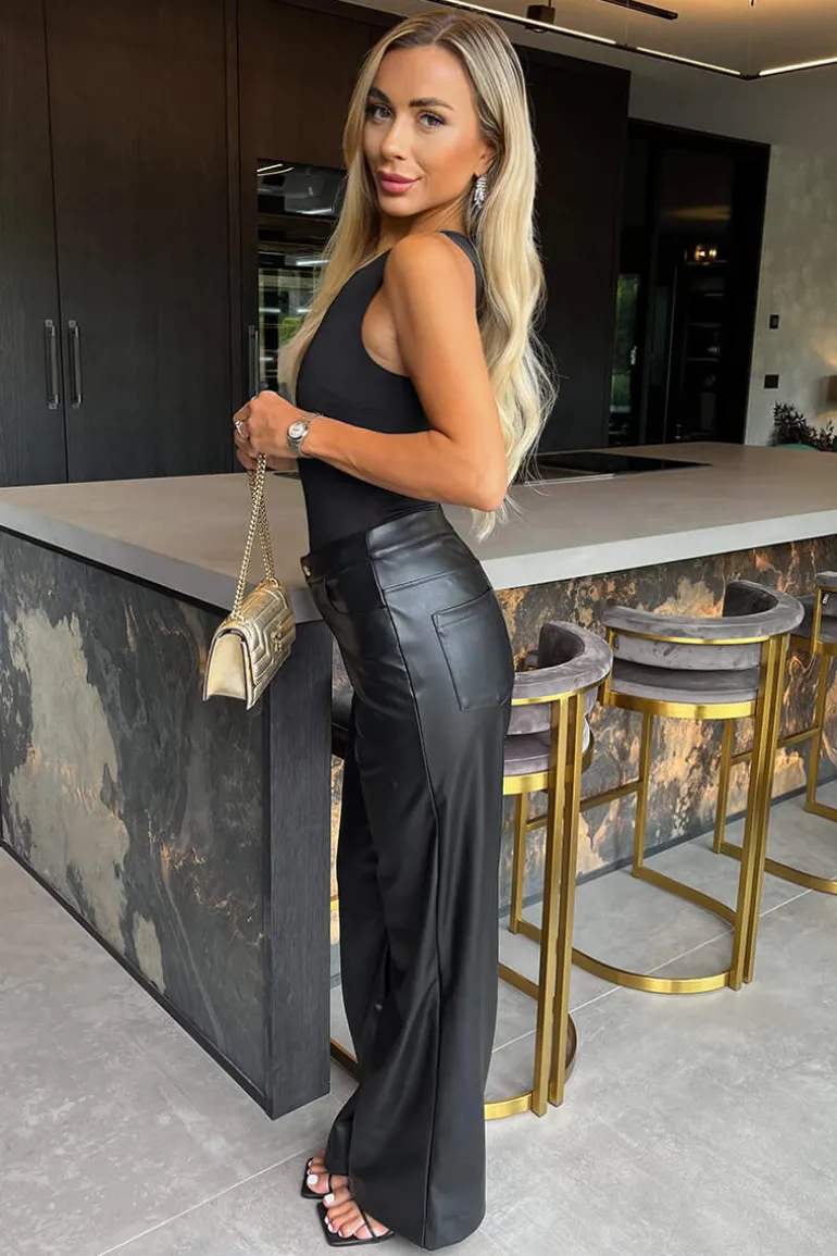 Black Faux Leather Wide Leg Trousers