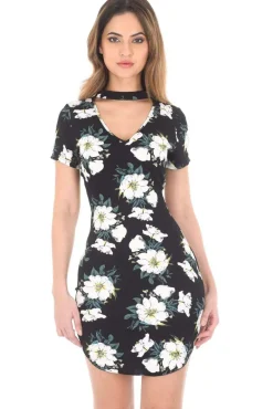 Black Floral Choker Mini Bodycon Dress