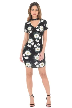 Black Floral Choker Mini Bodycon Dress